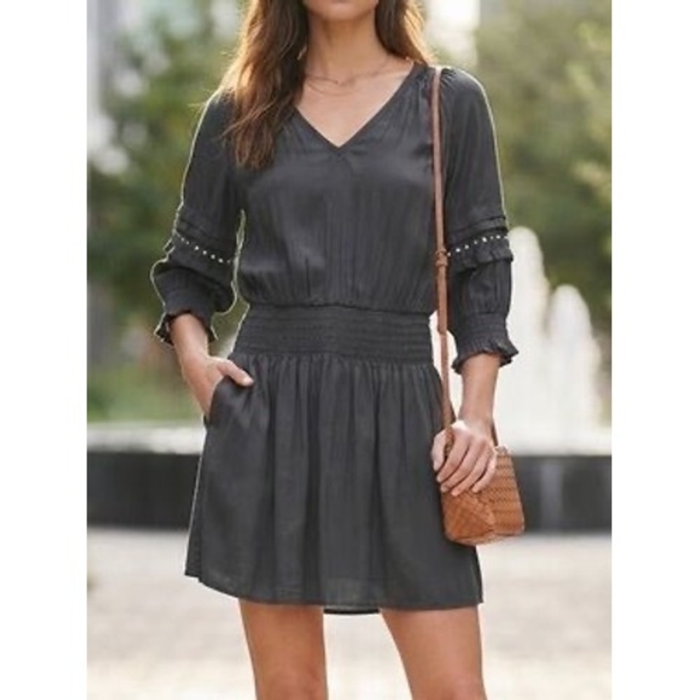 Ramy Brook V Neck Blouson Drop Waist Dress Smocked Mini Studded Small